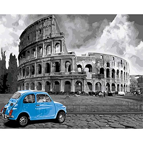 PNDGMCSY Malen Nach Zahlen Erwachsene Kolosseum Rom Italien Blaues Auto, Malen Nach Zahlen Abstrakt Kunstdrucke, Handgemalt Ölgemälde Kits auf Leinwand für Home Haus Deko - 40 * 50 cm von PNDGMCSY