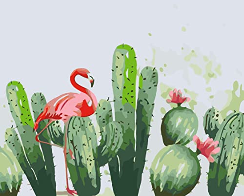 PNDGMCSY DIY Ölmalen nach Zahlen Kit für Erwachsene Anfänger 16x20 Zoll -Tropischer Kaktus-Flamingo,Zeichnung mit Pinseln Wohnzimmer Dekor Dekorationen Geschenke von PNDGMCSY