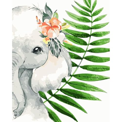 PNDGMCSY Malen Nach Zahlen Erwachsene und Kinder Anfänger inklusive Pinsel und Acrylfarben 40 x 50 cm -Baby-Elefant-Blüten-Blätter von PNDGMCSY