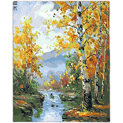 PNDGMCSY Malen nach Zahlen, Set für Erwachsene, Kinder, Anfänger, selber auf Leinwand malen nach Zahlen zur Heimdekoration, Weiße Birken-Wald-Fluss-Landschaft 40,6 x 50,8 cm PNDGMCSY Malen nach Zahlen, Set für Erwachsene, Kinder, Anfänger, selber auf Leinwand malen nach Zahlen zur Heimdekoration, Weiße Birken-Wald-Fluss-Landschaft 40,6 x 50,8 cm von PNDGMCSY