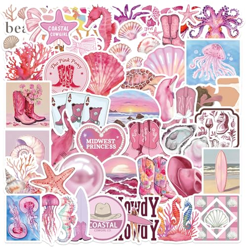 PNGIF Aesthetic Beachy Aufkleber 50 Stück, Meeresleben Sticker für Scrapbook Kindle Koffer Skateboard Laptop Kühlschrank MacBook Journal, Graffiti Wasserfeste Vinyl Rosa Anime Decals von PNGIF