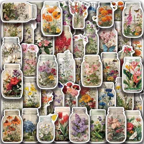PNGIF Aesthetic Blume in Flasche Stickers 50 Stück, Wasserfeste Graffiti Vintage Fantasy Aufkleber für Journal Scrapbook Fotoalbum Koffer MacBook Laptop Kindle Kühlschrank Skateboard Fahrrad von PNGIF