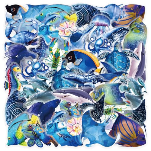 PNGIF Meeresleben Aufkleber 50 Stück, Graffiti Blaues Meer Stickers für Laptop Kindle Koffer Scrapbook MacBook Fahrrad Journal, Aesthetic Anime Wasserfeste Transparenter PET Stickers von PNGIF