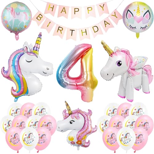 Einhorn-Geburtstagsballon-Set, Einhorn-Ballon, Mädchenballon, Rosa Ballon 4 Jahre, Geburtstagsballons 4 Jahre alt, Luftballons zum 4. Geburtstag von POCHY