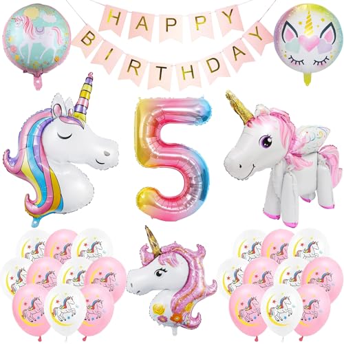 Einhorn-Geburtstagsballon-Set, Einhorn-Ballon, Mädchenballon, Rosa Ballon 5 Jahre, Geburtstagsballons 5 Jahre alt, Luftballons zum 5. Geburtstag von POCHY