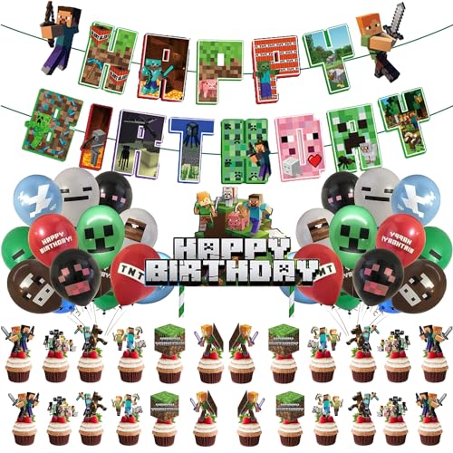 POCHY 18 Pcs Luftballons Geburtstag Kinder, Minecraft Geburtstag Deko mit 25 Pcs Cupcake Topper, Gamer Geburtstagsdeko Ballon-Set für Jungen Mädchen von POCHY