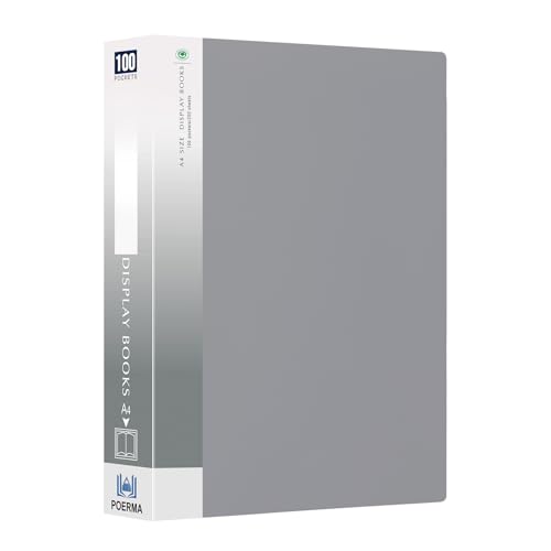 POERMA Grey A4 PP Sichtbuch, 100 Transparente Taschen Präsentationsbuch Sichtbuch A4 mit Klarsichthüllen Einband Mit Transparenter Schutzhülle für Einzelpersonen, Schule & Büros von POERMA