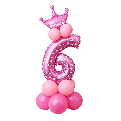 POFET Folienballons mit allen Zahlen und Buchstaben, Prinzessinnen-Prinz-Krone, aufrechtes Spalten-Set, Geburtstagsparty-Dekoration, Pink 6 von POFET