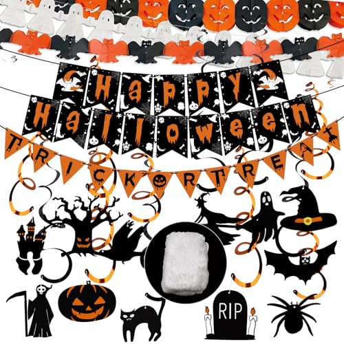POFIBO Halloween Deko, Halloween Deko Innen, Halloween Girlande, Halloween Banner und Halloween Hängedeko mit 60g Spinnennetz, Deko für Kinder zu Halloween, für Grusel Halloween-Party-Horror-Deko POFIBO Halloween Deko, Halloween Deko Innen, Halloween Girlande, Halloween Banner und Halloween Hängedeko mit 60g Spinnennetz, Deko für Kinder zu Halloween, für Grusel Halloween-Party-Horror-Deko von POFIBO