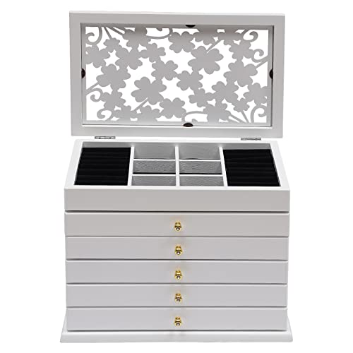 Schmuckschatulle und Organizer aus Holz, 6 Ebenen, großes Schmuckkästchen mit 5 Schubladen, Aufbewahrungsbox für Schmuck für Frauen und Mädchen, für Armbänder, Halsketten, Ohrringe, Ringe(White) Schmuckschatulle und Organizer aus Holz, 6 Ebenen, großes Schmuckkästchen mit 5 Schubladen, Aufbewahrungsbox für Schmuck für Frauen und Mädchen, für Armbänder, Halsketten, Ohrringe, Ringe(White) von POGOAO