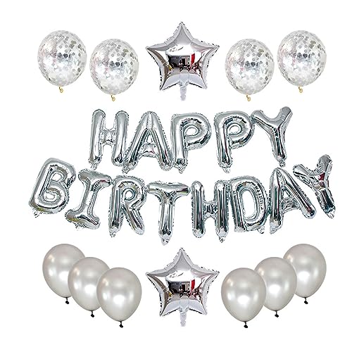Happy Birthday Banner,Balloons Birthday Decoration,Party Decoration Banner And Balloon Set,With 4 Confetti Balloons,2 Pentagonal Aluminum Foil Balloons,6 12-Inch Candlelight Balloons(Silver) von POHOVE