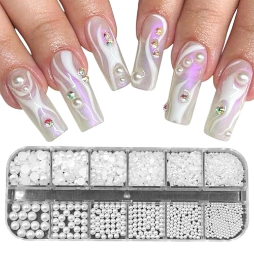 Nail Art Strasssteine 1 Schachtel, 12 Typen Weiße Perlen Für Nägel, Nail Charms für Frauen Acryl Nagel Dekorationen Design, Nageldesign Zubehör(COLOR:Weiß) von POHOVE