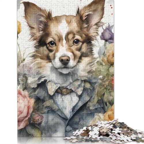Aquarell gemalte Blumen und Hunde 1000 Teile Puzzle für Erwachsene, Halloween-Geschenkpapier für Erwachsene und Jugendliche, pädagogisches Puzzle (38x26cm) von POLIUAWS