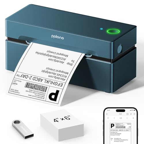 POLONO Bluetooth Etikettendrucker, Etikettiergerät 4x6 DHL labeldrucker, Ettikettendrucķer Label Printer für iOS, Android, Windows und Mac, Kompatibel mit Amazon, Ebay, Shopify, Etsy, USPS (Blau) von POLONO