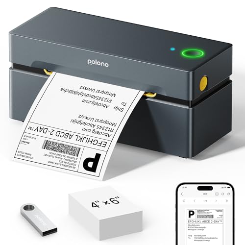 POLONO Bluetooth Etikettendrucker, Etikettiergerät 4x6 DHL labeldrucker, Ettikettendrucķer Label Printer für iOS, Android, Windows und Mac, Kompatibel mit Amazon, Ebay, Shopify, Etsy, USPS (Grau) von POLONO