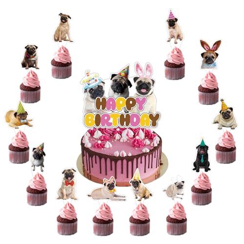 25 Pcs Mops Kuchen Dekorationen Mops Kuchen Topper Cupcake Toppers für Mops Hund Geburtstag Dekorationen Mops Party Dekorationen Geburtstagsparty Zubehör von POMNUG