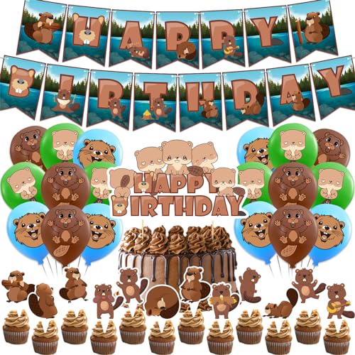 Beaver Geburtstag Party Dekorationen Beinhaltet Beaver Geburtstag Banner Kuchen Topper Cupcake Toppers Ballons für Beaver Geburtstag Party Zubehör von POMNUG