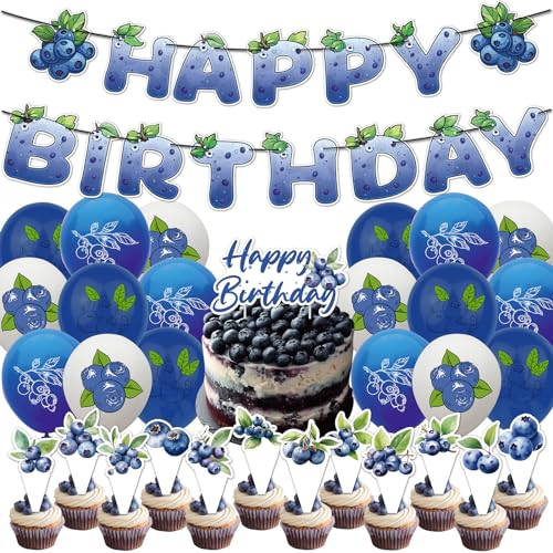 Blaubeere Party Dekorationen Blaubeere Geburtstag Party Zubehör beinhaltet Blaubeere HAPPY BIRTHDAY Banner Ballons Cupcake Toppers Kuchen Topper für Blaubeere Obst Geburtstagsparty Baby Dusche Dekor von POMNUG