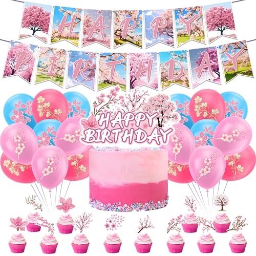 Cherry Blossom Party Decorations Japanese Decorations Includes Cherry Blossom Happy Birthday Banner Cake Cupcake Toppers Balloons for Cherry Blossom Party Supplies Wedding Bridal Shower Baby Shower von POMNUG