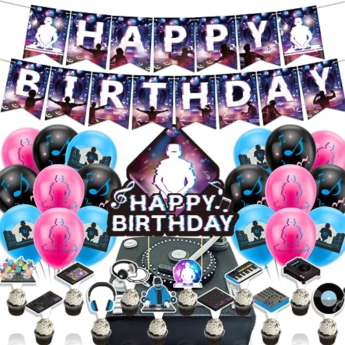 DJ Party Dekoration Musik DJ Geburtstag Party Lieferungen inkl. DJ Geburtstag Banner Cake Topper Cupcake Toppers Luftballons für Rock DJ Party Dekoration von POMNUG