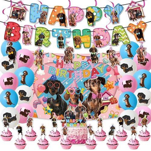Dackel Geburtstag Party Dekorationen Set - Banner, Spiralen, Kuchen Topper, Cupcake Toppers, Ballons, Hintergrund für Feier von POMNUG