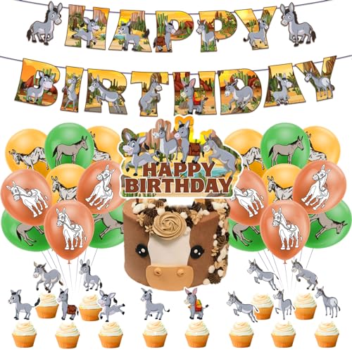 Donkey Birthday Party Liefert Donkey Party Dekorationen Kit mit niedlichen Donkey Birthday Banner Kuchen Topper Cupcake Toppers Luftballons von POMNUG