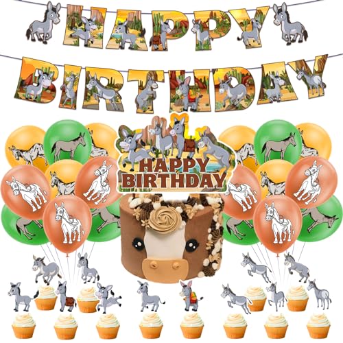 POMNUG Esel Geburtstag Party Supplies Esel Party Dekoration Kit Mit Netten Esel Geburtstag Banner Kuchen Topper Cupcake Toppers Ballons, POMNUG-AB08 von POMNUG