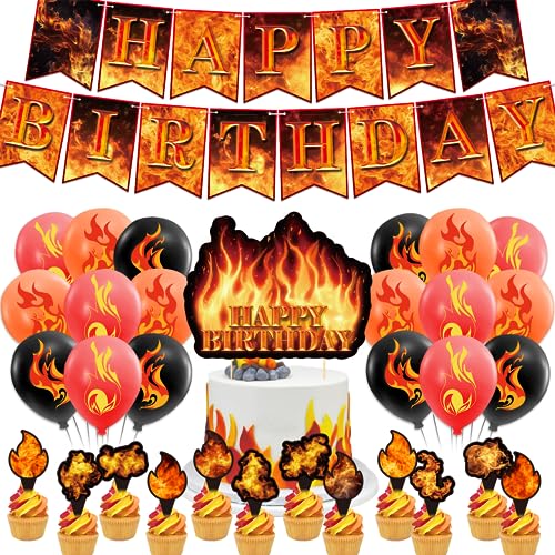 Feuer Party Dekorationen Geburtstag Party Liefert Set mit Feuer Geburtstag Banner Kuchen Topper Cupcake Toppers Luftballons für Feuerwehrmann Party Lieferungen von POMNUG