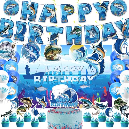 Gone Fishing Party Decorations Set Gone Fishing Birthday Banner Hanging Swirls Cake Decorations Balloons Background for Gone Fishing Birthday Party Supplies Baby Showers Party Favors von POMNUG