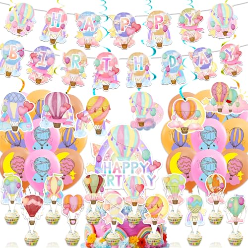 Heißluftballons Dekoration der Geburtstagsfeier Bunte Heißluftballons Partyzubehör Inklusive Geburtstagsbanner Spiralen Kuchen Cupcake Topper Luftballons von POMNUG