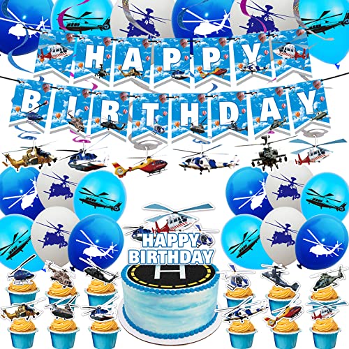 Hubschrauber Geburtstag Party Supplies Hubschrauber Party Dekoration Flugzeug Thema Party Supplies Beinhaltet Geburtstag Banner, Spiralen, Kuchen Cupcake Toppers Ballone für Hubschrauber Flieger Party von POMNUG