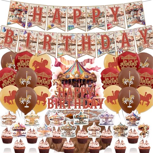 Karussell Geburtstag Dekoration Karussell Party Lieferungen Inklusive Karussell Geburtstag Banner Cake Topper Cupcake Toppers Luftballons für Karussell Horse Party Dekoration von POMNUG