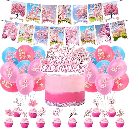 Kirschblüten-Party-Dekorationen Japanische Dekorationen Inklusive Happy Birthday Kirschblüten Banner Kuchen Cupcake Toppers Luftballons für Kirschblüten Partyzubehör von POMNUG