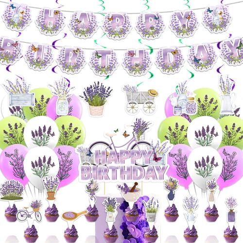 Lavendel Party Dekorationen Beinhaltet Lavendel Happy Birthday Banner Hängende Wirbel Kuchen Topper Cupcake Toppers Ballons für Lavendel Geburtstag Party Zubehör von POMNUG