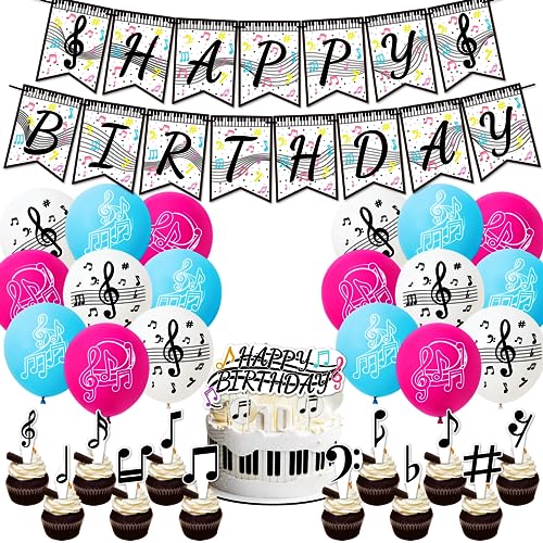 POMNUG Musik Notizen Party Dekorationen - Enthält Musik Notizen Happy Birthday Banner, Kuchen & Cupcake Toppers, Ballons - Bunt - Ideal für Musikthemen, Geburtstage & mehr von POMNUG