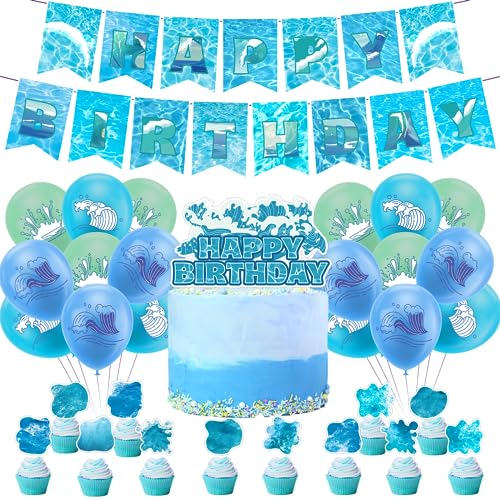 Ocean Sea Waves Geburtstag Party Dekorationen Ocean Waves Party Lieferungen inklusive Ocean Birthday Banner Kuchen Cupcake Toppers Luftballons für unter dem Meer Party Beach Party Dekoration von POMNUG