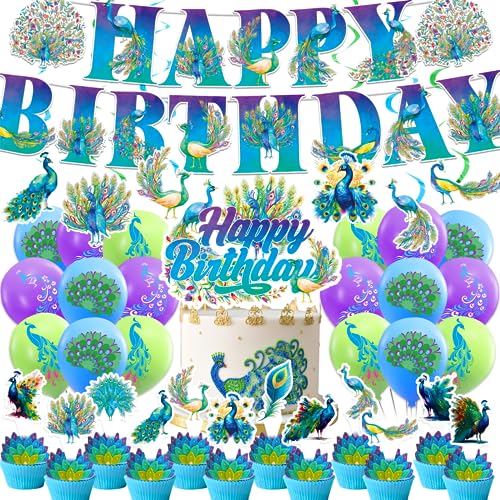 Pfau Party Dekorationen - Zoo Vogel Thema Mit HAPPY BIRTHDAY Banner, Hängende Wirbel, Kuchen Cupcake Toppers, Ballons für Geburtstag von POMNUG