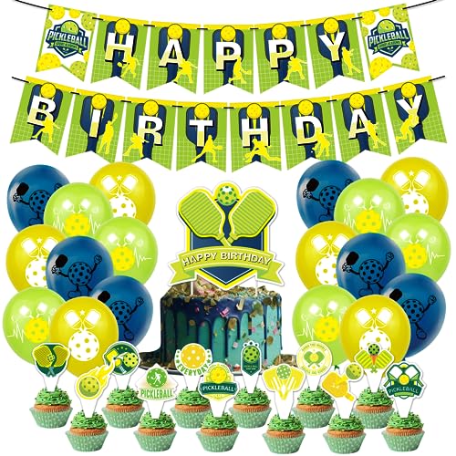 Pickleball Partydekorationen Geburtstag Pickleball Partyzubehör Set mit Pickleball Happy Birthday Banner Kuchen Topper Cupcake Toppers Luftballons von POMNUG