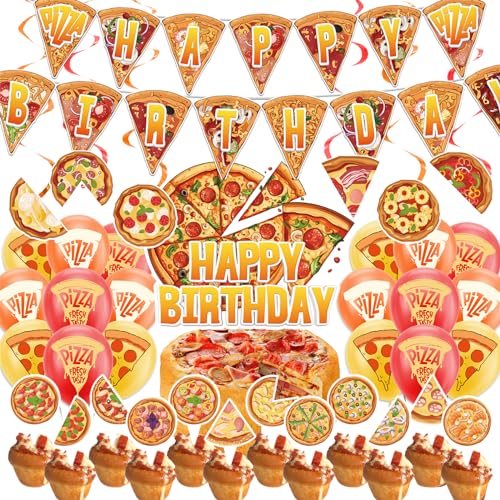 Pizza Party Dekorationen inklusive Happy Birthday Banner Hanging Swirls Cake Topper Cupcake Toppers Luftballons für Pizza Birthday Party Lieferungen von POMNUG