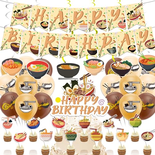 Ramen Nudeln Partydekorationen Japanische Geburtstagsdekoration inkl. Ramen Birthday Banner Cake Topper Cupcake Toppers Luftballons Spiralen für Ramen Geburtstagsdekoration von POMNUG
