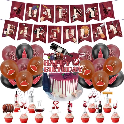 Rotwein Geburtstag Dekorationen Rotwein Party Supplies Set Rotwein Geburtstag Banner Kuchen Topper Cupcake Toppers Ballons für Rotwein Party Dekorationen von POMNUG