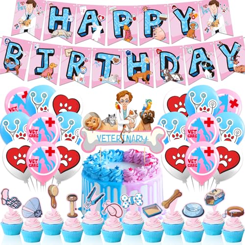 Tierärztliche Geburtstagsparty-Dekorationen, Tierarzt-Partyzubehör, enthält Veterinär-Geburtstagsbanner Kuchenaufsatz Cupcake-Topper Luftballons für Tierärztliche Techniker Geburtstagsparty von POMNUG