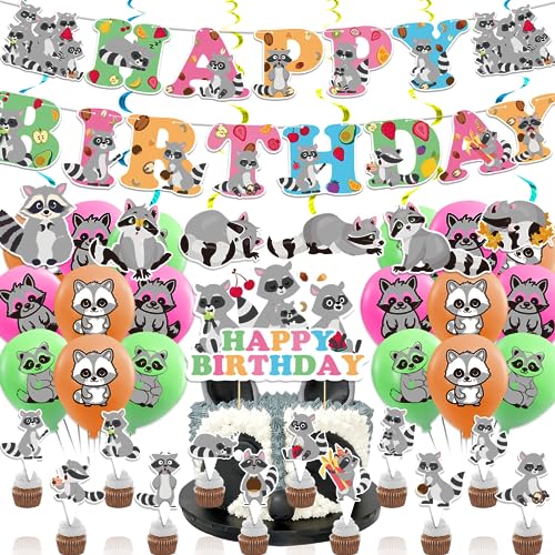 Raccoon Birthday Party Supplies Raccoon Party Dekorationen Set mit Raccoon Birthday Banner Hanging Swirls Kuchen Cupcake Toppers Luftballons für Raccoon Baby Shower Dekorationen von POMNUG