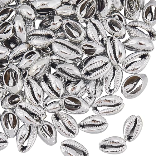 PONABEADIY 1 Box 100 Stück Silberne Kauri Muscheln Offene Rückseite Natürliche Muschelperlen Sommer Galvanisiert Meer Hawaii Ozean Muschel Plattiert Charms Perle Für Die Schmuckherstellung Armbänder H von PONABEADIY