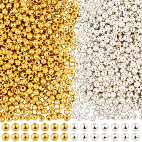 PONABEADIY 1 Box 1200 Stück 5mm Gold Und Silberfarben CCB Plattierte Runde Kunststoffperlen Mit Löchern Sommer Abstandshalter Glatt Kleine Lose Charms Kugelperlen Großpackung Für Die Schmuckherstell von PONABEADIY