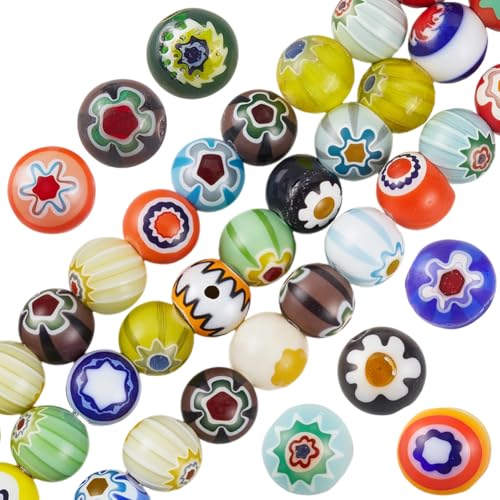 PONABEADIY 1 Box 144 Stück 8mm Gemischte Farben Lampwork Glasperlen Mit Löchern Verschiedene Millefiori Perlen Rund BLUMEsnmuster Bunt Abstandshalter Lose Perlen Großpackung Für Die Herstellung von S von PONABEADIY