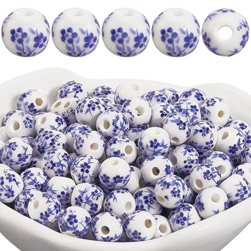 PONABEADIY 1 Box 180 Stück 6mm Blau Weiß BLUMEsnmuster Porzellanperlen Mit Loch Chinesische Keramik Handgefertigt Floral Rund Vintage Lose Charms Perlen Großpackung Für Schmuckherstellung Armbänder H von PONABEADIY