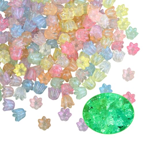 PONABEADIY 1 Box 200 Stück Leuchtende Floridnperlen Mit Löchern Im Dunkeln Leuchtend Acryl Bunte Maiglöckchen Glitzerpulver Lose Abstandsperlen Für Die Schmuckherstellung Armbänder Halsketten DIY Bast von PONABEADIY