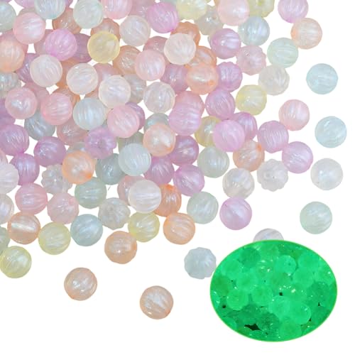 PONABEADIY 1 Box 200 Stück Runde Leuchtperlen Mit Löchern Halloween Kürbis Im Dunkeln Leuchtend Acryl Glitzer Grün Blau Lose Abstandsperlen Großpackung Für Schmuckherstellung Armbänder Halsketten DIY von PONABEADIY