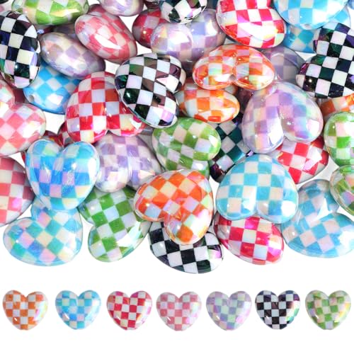 PONABEADIY 1 Box 50 Stück Acryl Herzperlen Mit Löchern Undurchsichtig Bunt Kariert Liebesform Kunststoff UV Beschichtung Schillerndes Schachbrettmuster Lose Perlen Für Die Herstellung von Schmuck Armb von PONABEADIY